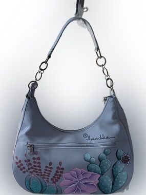 Anuschka Gray Blue Hand-Painted Floral & Cactus Shoulder Bag